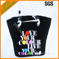 Black color canvas tote bag with printing